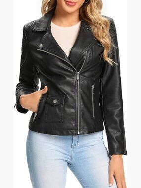 Faux Leather Moto Jacket, Quilted Zip Up Coat, Plus Size